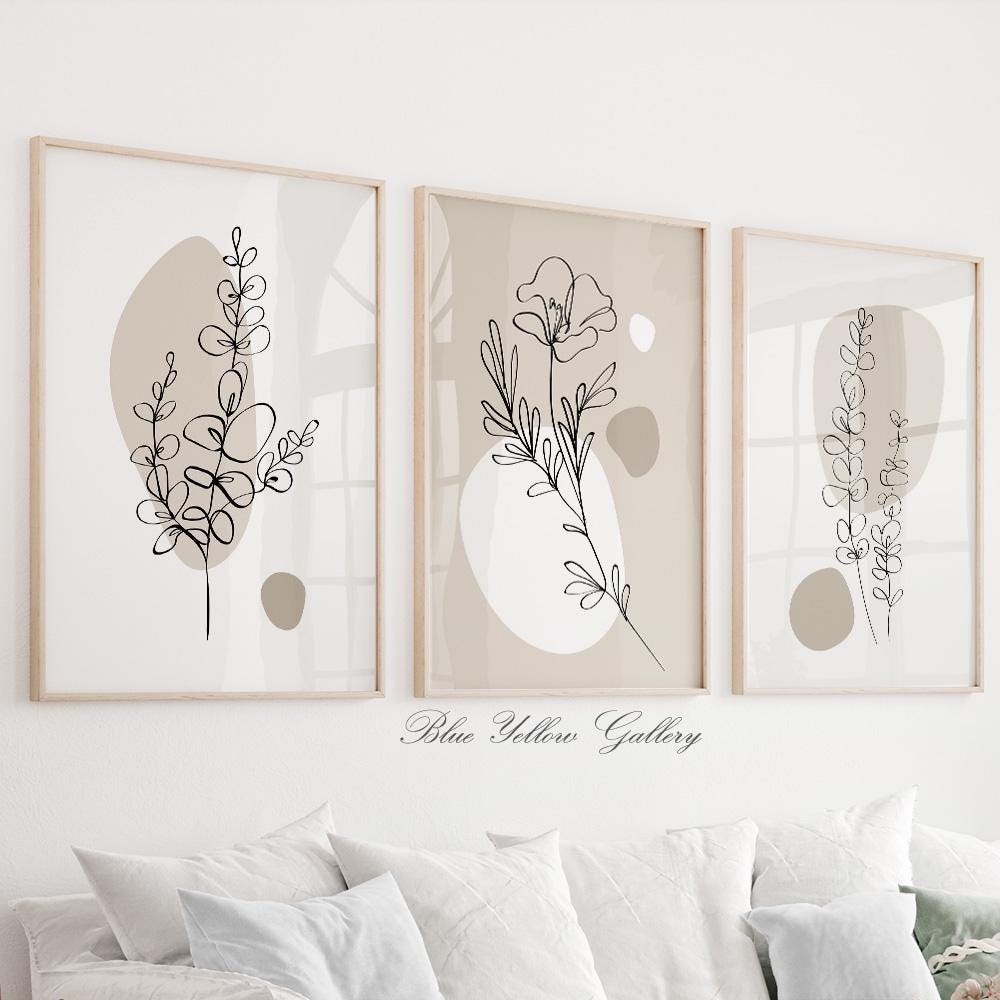 Neutral Beige Minimalist Botanical Wall Art Set of 3 Prints. Simple ...