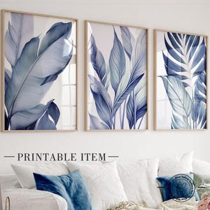 Navy blue tropical palm leaves printable art set of 3. Modern botanical greenery gallery wall art prints. Nature wall art set