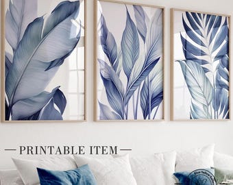 Navy blue tropical palm leaves printable art set of 3. Modern botanical greenery gallery wall art prints. Nature wall art set