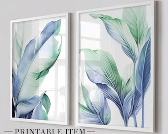Set of 2 Blue Green Tropical Leaves Posters. Colorful Botanical Wall Art Prints. Palm Leaf Boho Gallery Wall Set, Aesthetic Room Decor