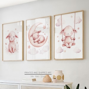 Sheep nursery wall decor set of 3 prints. Cute Animal Nursery Print. Baby Room Wall Art, Pastel  Moon Sleeping Sheep Art Prints