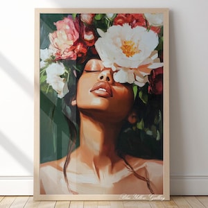 Black Woman Wall Print, African American wall art. Modern Black Girl with Flowers Print, Abstract People Art, Floral Afrocentric Wall Decor