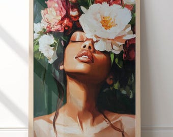 Black Woman Wall Print, African American wall art. Modern Black Girl with Flowers Print, Abstract People Art, Floral Afrocentric Wall Decor