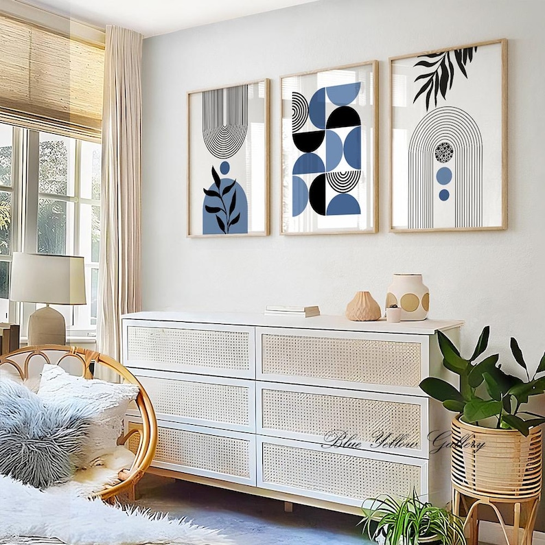 Navy Blue Mid Century Modern Wall Art Set of 3 Print. Bohemian ...
