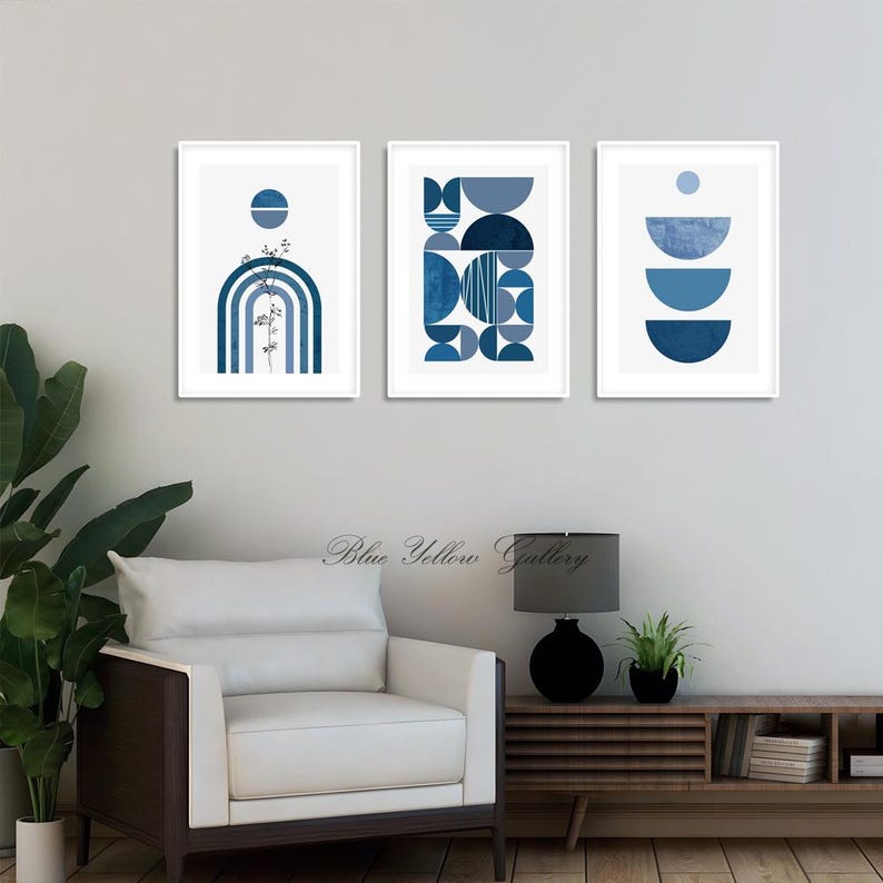 Printable Blue Wall Art Set of 3. Modern Boho Wall Art, Geometric Mid ...