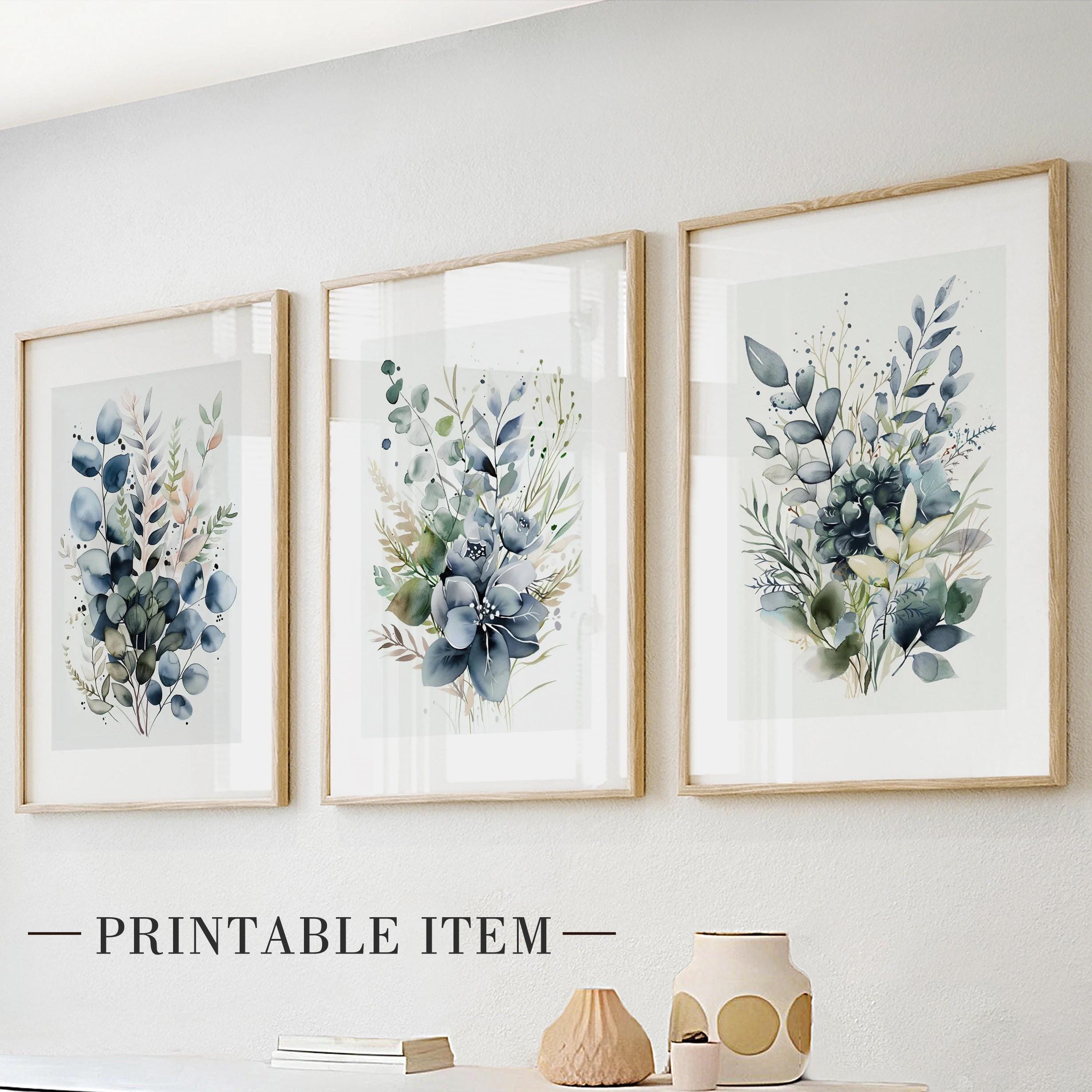 Navy blue botanical bouquet gallery wall set of 3 printable art. Eucalyptus greenery posters, modern nature aesthetic room decor