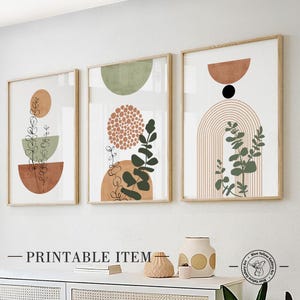 Druckbares terrakottagrünes mid century Wand Kunst 3er Set Bilder. Boho botanisches Plakat abstrakte Pflanzen groß Galerie-Wandset