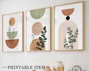 Printable terracotta green mid century modern wall art set of 3 print. Bohemian botanical poster Boho abstract plants large gallery wall set