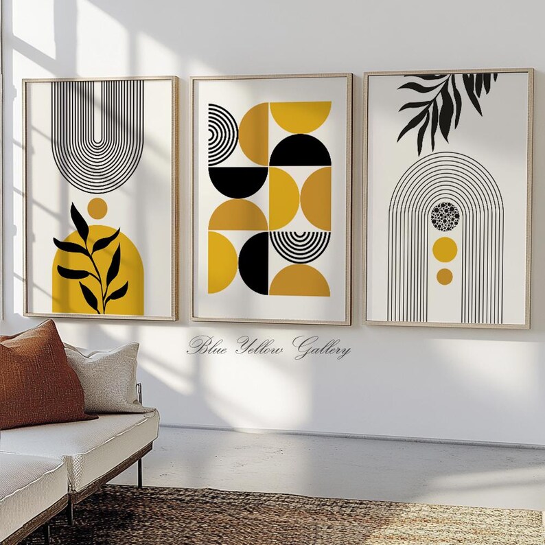 Mustard Yellow Black Mid Century Modern Abstract Wall Art Set of 3 ...