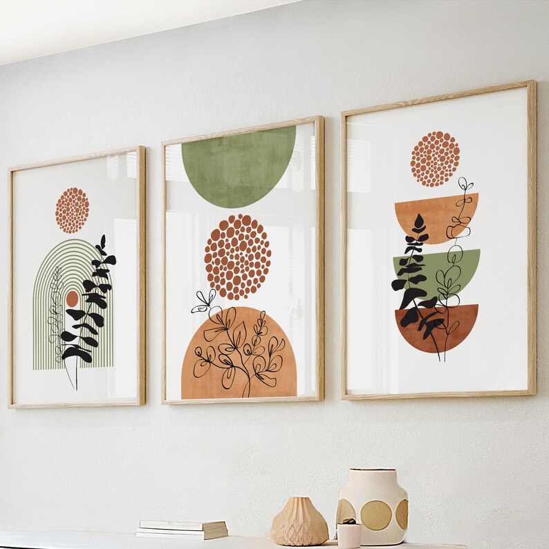 Terracotta Green Mid Century Modern Wall Art Set of 3 Prints. - Etsy