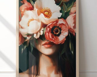 Impresión de retrato de mujer abstracto verde esmeralda, arte mural floral femenino, arte abstracto de personas, impresión de mujer con flores