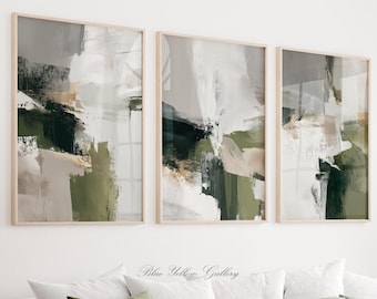 Abstract Wall Art Set of 3 Prints, Neutral Olive green Beige Modern Scandinavian Minimalist Art