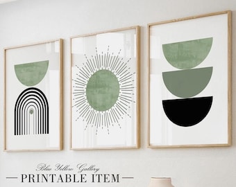 Conjunto moderno de 3 gravuras em verde-sálvia de meados do século, decoração estética para ambientes. 3 peças de arte de parede estilo boho, pôsteres botânicos modernos, arte de parede tríptica.
