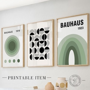 Sage Green Bauhaus Poster Set of 3 – Mid Century Modern Printable Wall Art, Abstract Bauhaus Exhibition Prints, Aesthetic Room Decor
