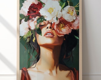 May include: A framed art print depicting a woman with closed eyes, wearing a floral crown of white, pink, and red blooms. The artwork has a green backdrop and a wooden frame, with the text "Blue Yellow Gallery" at the bottom.