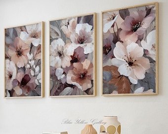 Neutral Floral Wall Art Set of 3, Abstract Flower Paintings, Beige Blush Botanical Art, Modern Minimalist Decor