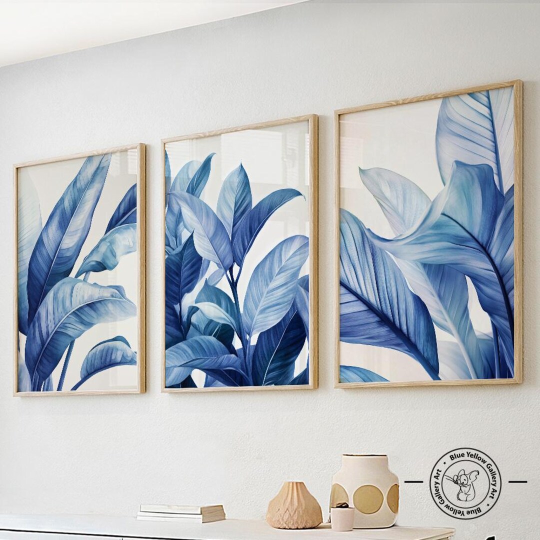 Navy Blue Tropical Leaves Set of 3 Prints. Modern Botanical Wall Art ...