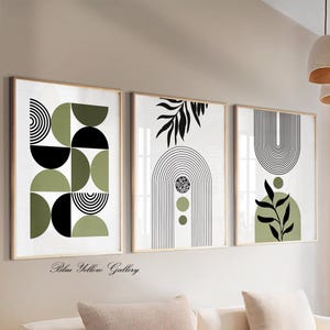 Black olive green boho printable art set of 3 prints. Mid century modern abstract wall art, neutral room decor aesthetic boho posters