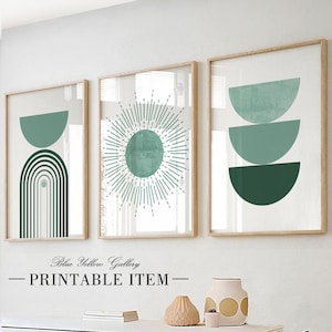 Sage green modern boho printable art set of 3. Mid century abstract wall art, Geometric bohemian wall art