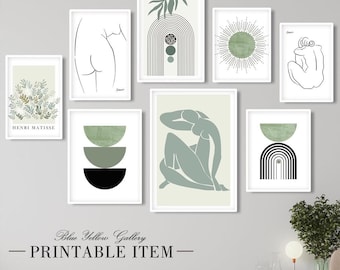 May include: Set of eight minimalist art prints featuring abstract shapes, line drawings, and botanical elements in shades of green and black. The prints are framed in white and arranged in a grid pattern on a light gray wall. The text "Blue Yellow Gallery - PRINTABLE ITEM" is visible at the bottom of the image.