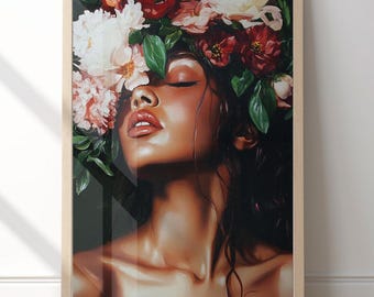 Black Woman with Flowers Portrait Print, African American wall art. Modern Afrocentric Abstract People Art