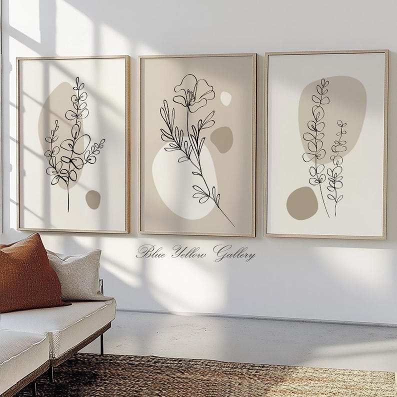Neutral Beige Minimalist Botanical Wall Art Set of 3 Prints. Simple ...
