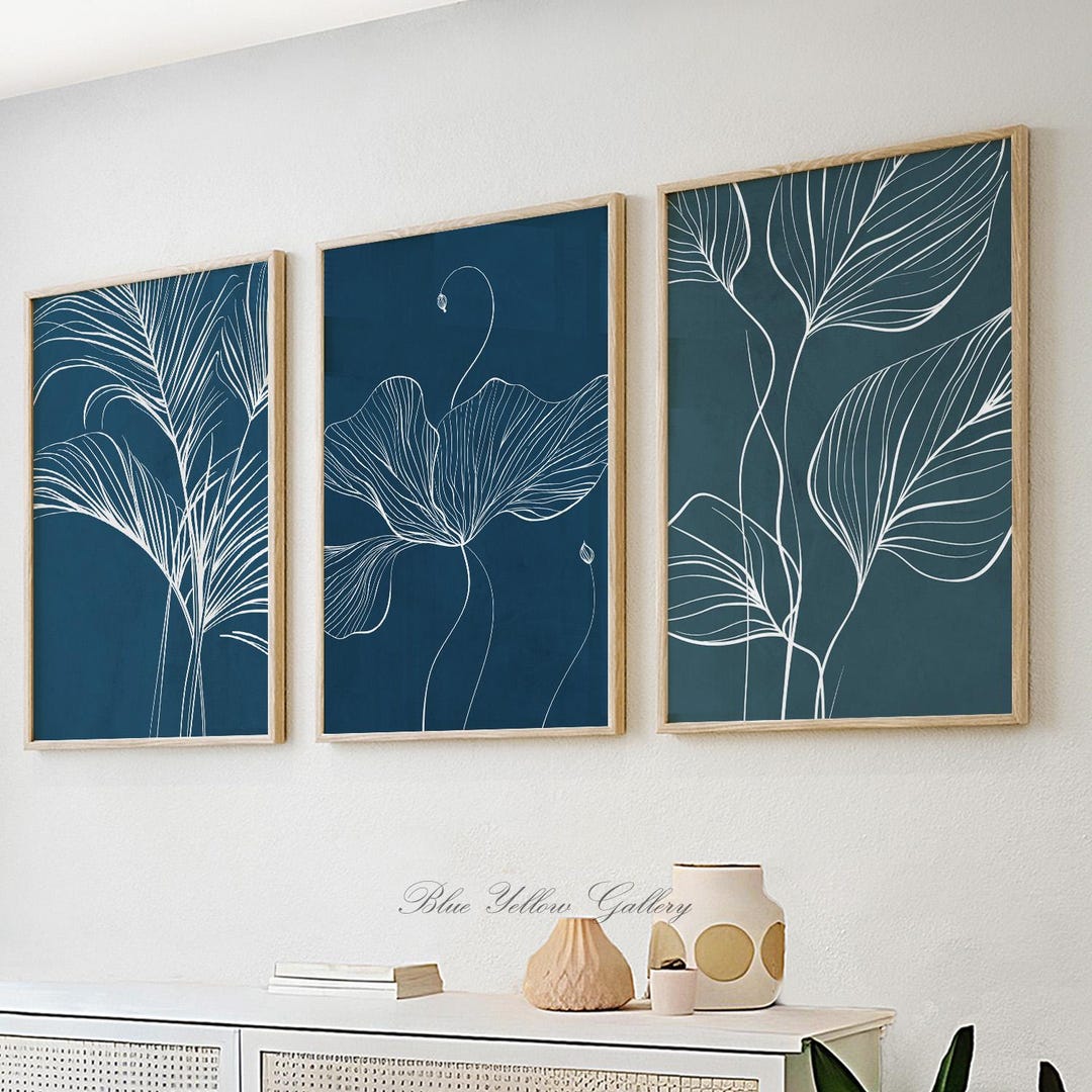 Navy Blue Abstract Botanical Wall Art Set of 3 Print, Modern Floral ...