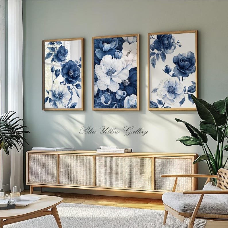 Navy Blue Floral Gallery Wall Set of 3 Prints. Mid Century Modern ...