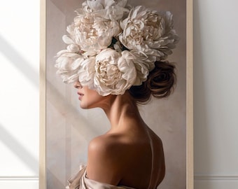 Pintura moderna de una mujer con motivos florales, obra de arte femenina neutra, póster de una mujer con peonías blancas, arte figurativo