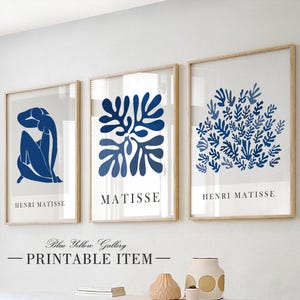 Navy blue Matisse print set of 3. Neutral minimalist mid century printable gallery wall set, Henri Matisse exhibition poster set