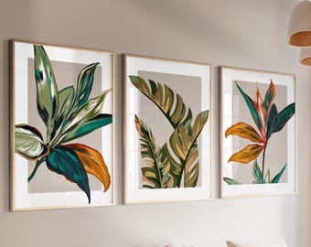 Neutral tropical leaves set of 3 printable Art. Modern botanical wall art, Greenery gallery wall set. Minimalist tropical Above Bed Decor
