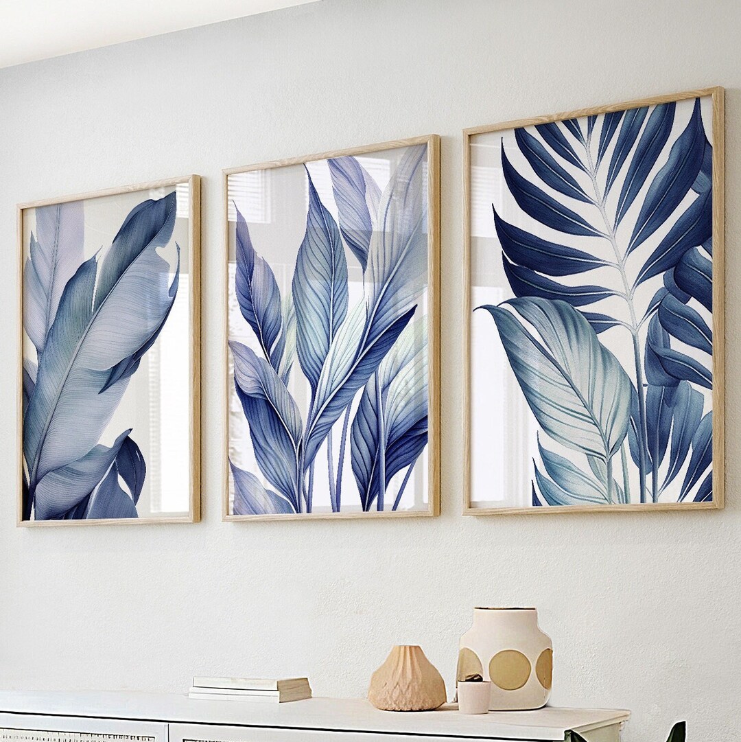Navy Blue Tropical Palm Leaves Wall Art Set of 3 Prints. Modern ...
