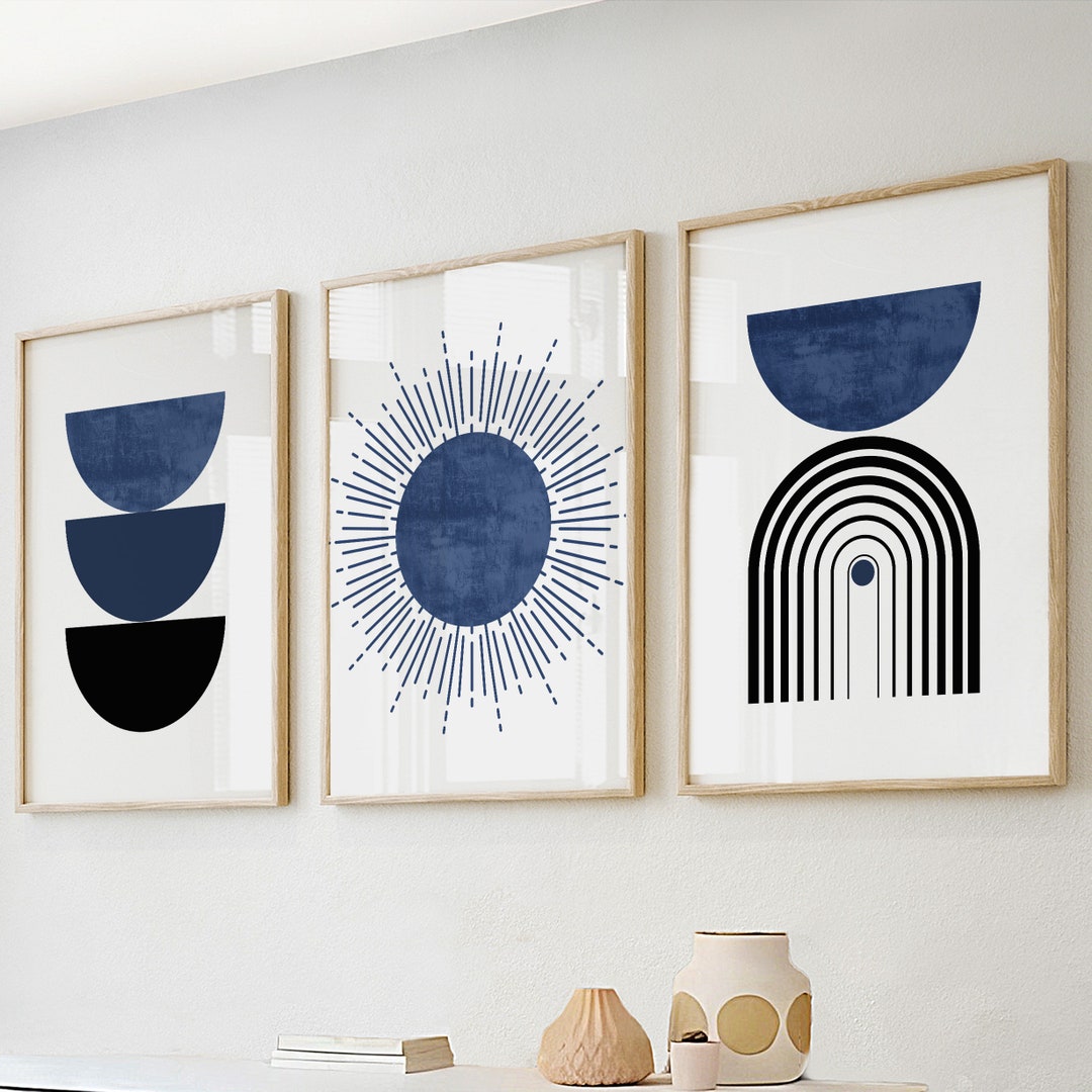 Navy Blue Black Mid Century Modern Wall Art Set of 3 Print. - Etsy