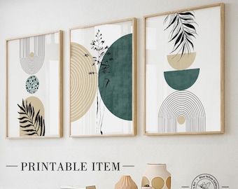 Black emerald green modern boho printable art set of 3. Mid century abstract wall art, Geometric bohemian wall art