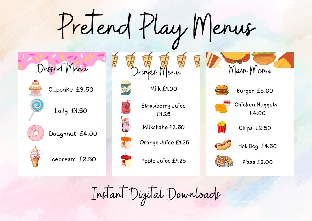 Toy Set Menu Pretend Play Menus, Toy Kitchen / Restaurant Role Play Accessories. Mud ...
