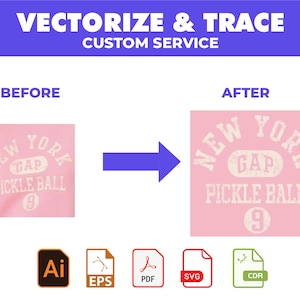 May include: Image advertising a vectorizing and tracing service. The text "VECTORIZE & TRACE CUSTOM SERVICE" is at the top. A pink graphic with "NEW YORK GAP PICKLE BALL 9" is shown before and after vectorization. File format icons are at the bottom.