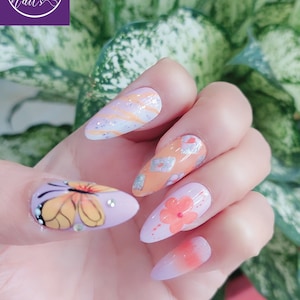 Butterfly Press On Nails | Floral Glue On Nails | Coffin Nails Luxury | Luxury Stiletto Nail Set | Glitter Short Nails