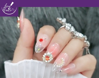 Sunset Aura Blush Press On Nails con 3D Drop Press On Nail, Ombre Press On Nail, Luxury Press On Nail, Press On Nails