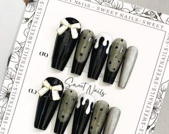 Presione en las uñas / Pegamento floral en las uñas / Coffin Nails Luxury / Gel X Fake Nails / Glitter Short Nails