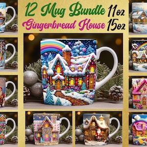 3D Christmas Mug Wrap Bundle,  Gingerbread House Mug Wrap, Christmas Bundle 11oz and 15oz Mug Sublimation PNG, Winter Mug, Christmas Gift