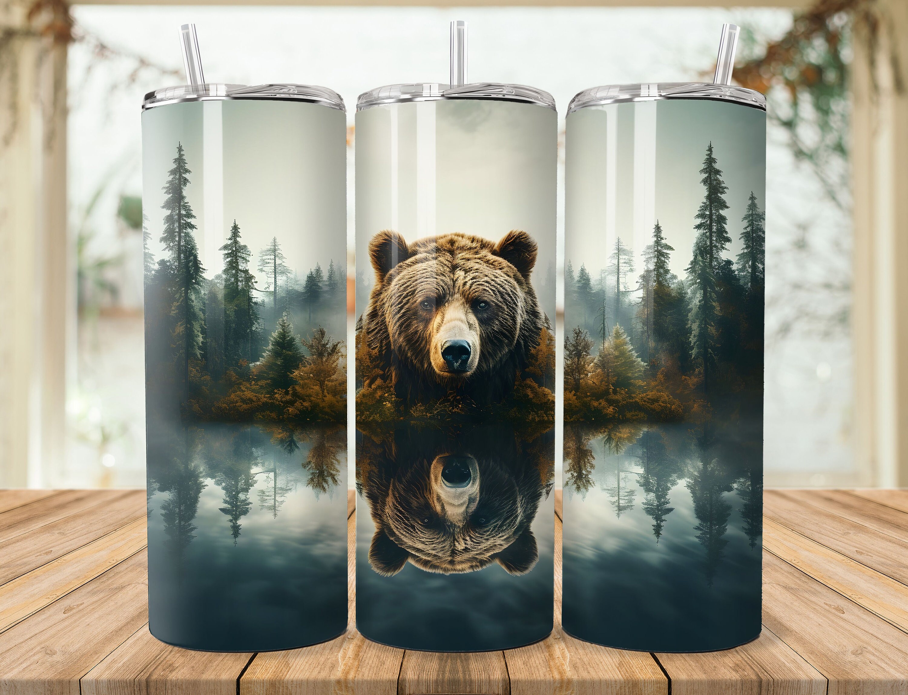 Grizzly Bear Tumbler Wrap, Lake Tumbler Sublimation Design, 20 Oz ...
