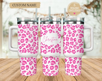 40oz Custom Name Tumbler Cup Personalized 40 oz Cheetah Print, Teal Leopard Customized Quencher Wrap Sublimation Design PNG Pink Stanley Cup