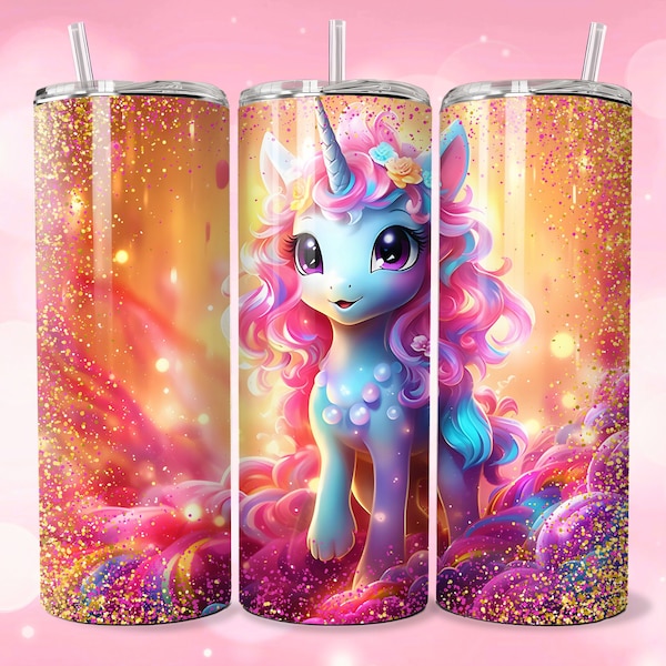 3D Unicorn Glitter Tumbler Sublimation Design,  Unicorn Tumbler Wrap 20 Oz Skinny, Kid Sublimation Tumbler Design, PNG Instant Download, Svg