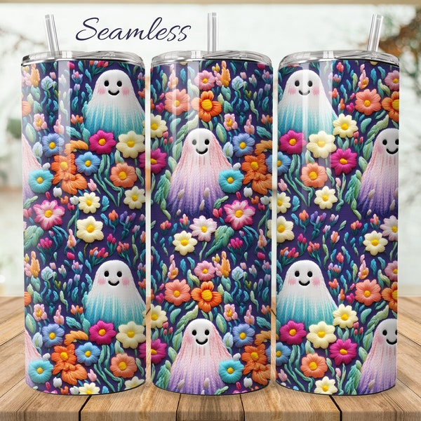 Ghost Floral Tumbler, 3D Ghost Tumbler Wrap Embroidery 20 Oz Skinny Tumbler Sublimation Design Instant Digital Download PNG, Ghostly Tumbler