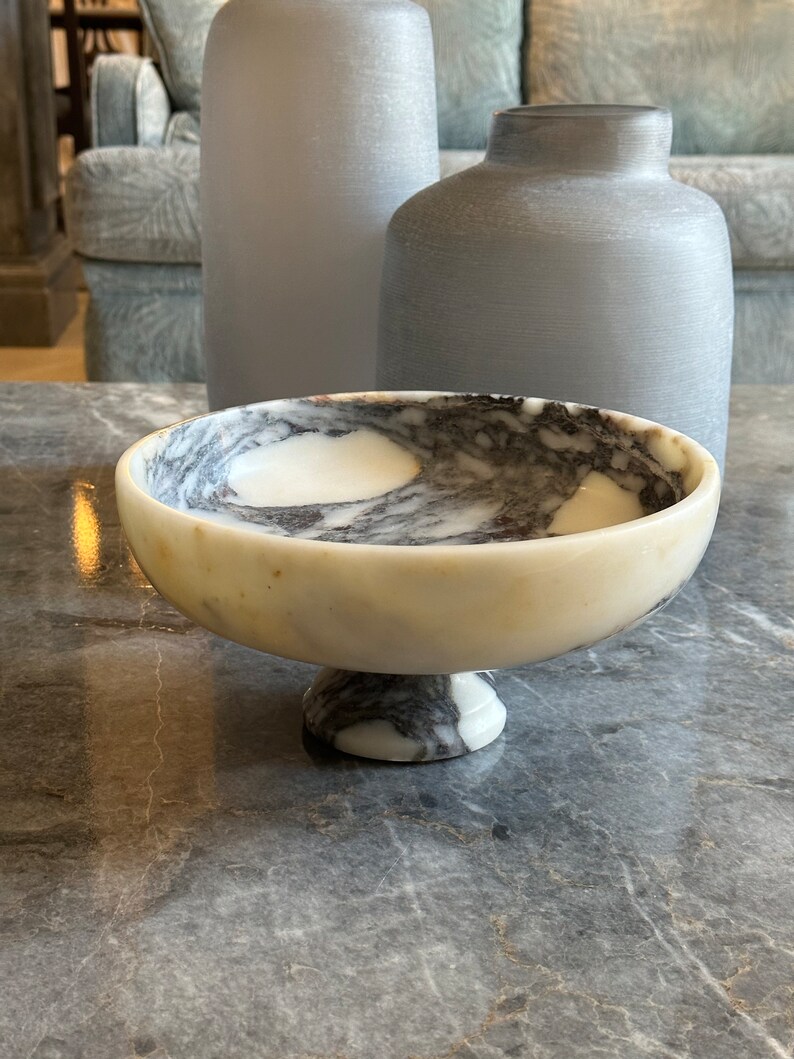 Large Marble Serving Bowl 27cm, Natural Violet Marble, Pedestal Serving