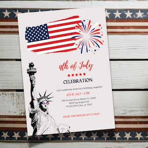 4th of July Invitation Independence Day Party Invite Red White Blue Patriotic Party American Flag Fourth of July Editable Template Card
