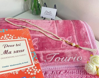 Coffret islamique avec livre, chapelet et tapis de prière personnalisé en velours - cadeau aïd/Eïd/ramadan pour femme musulmane mère- soeur