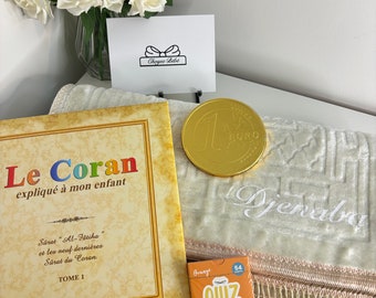 Coffret tapis de prière personnalisé pour enfant emballé - coran - chocolat - jeux de cartes - cadeau aïd/Eïd/ramadan ludique et utile !