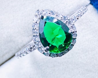 Emerald Green Pear Cut Ring: Sterling Silver Halo, Bridal Jewelry