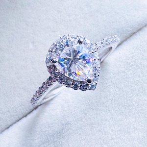 Pear Cut Moissanite Engagement Ring, Hidden Halo Wedding Ring, 3CT Teardrop Moissanite Ring, Sterling Silver Ring for Her